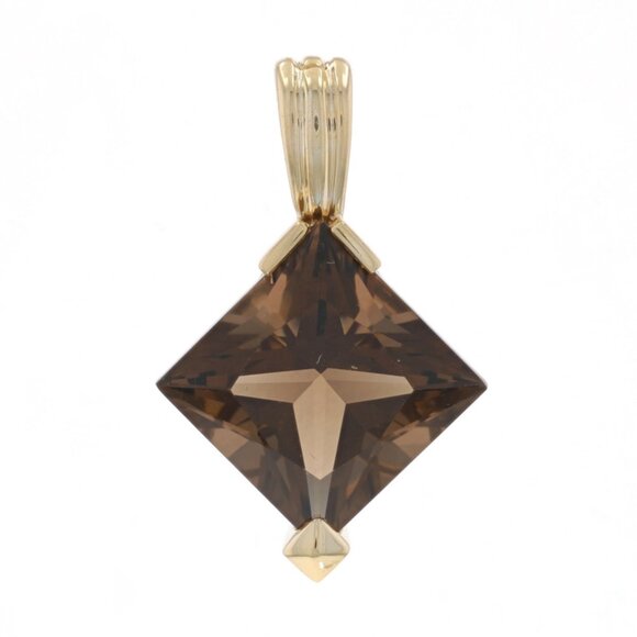 Yellow Gold Smoky Quartz Solitaire Enhancer Pendant - 14k Square 7.90ct - Picture 1 of 4